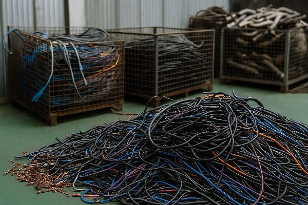 Cabos elétricos sendo separados e reciclados em ambiente industrial limpo Cabos elétricos sendo separados e reciclados em ambiente industrial limpo
