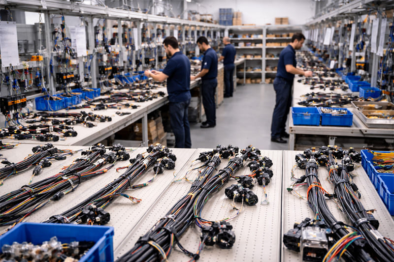 Linha de produção da Edcabos mostrando a organização e montagem de chicotes