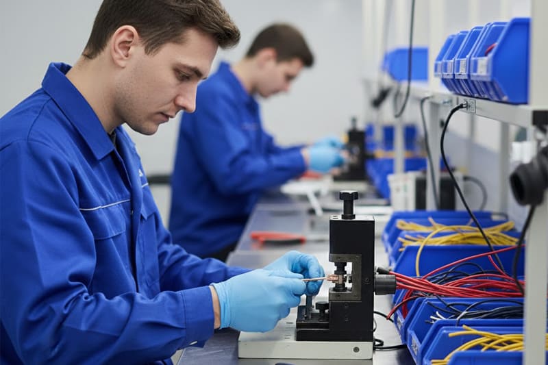 Técnico realizando crimpagem de terminais em cabos de cobre para refrigeração